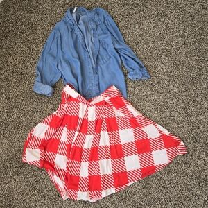 Lularoe Madison skirt and chambray shirt